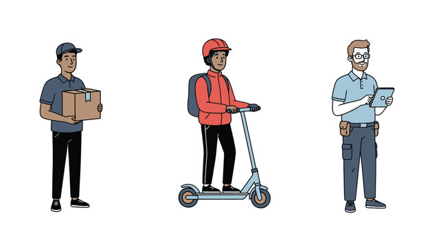Diverse group of service workers including a delivery person, a scooter rider, and a technician, illustrating various modern occupations.