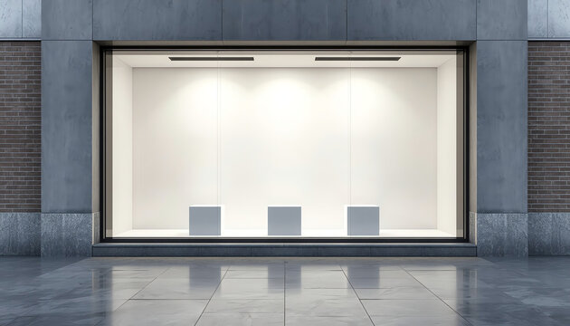 An empty storefront with large window display and three mockup podiums, modern design, on a city sidewalk background. 3D Rendering