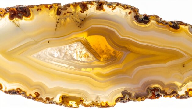 Macro Shot of a Polished Agate Slice with Golden Yellow and White Bands.