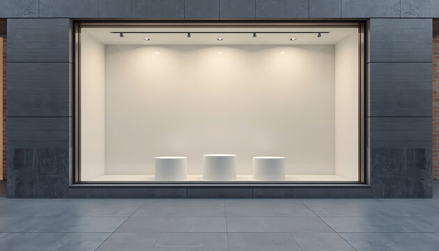 An empty storefront with large window display and three mockup podiums, modern design, on a city sidewalk background. 3D Rendering