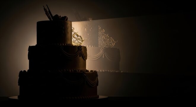A large three tiered wedding Cake with decorations are Lit by  in a beam of light shines inward