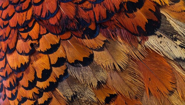 Close up macro shot of vibrant pheasant feathers with intricate patterns and textures.
