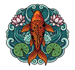 Colorful koi fish with lotus flowers in intricate mandala design © colorshapppy