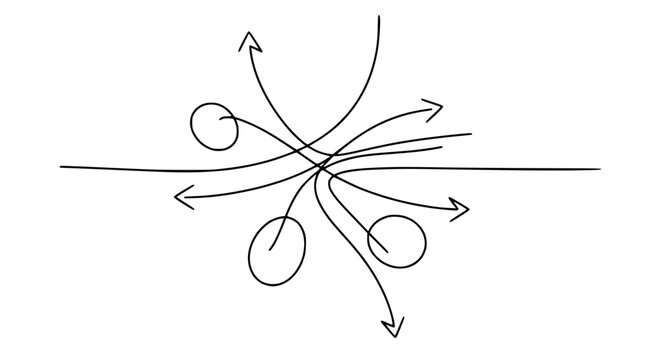 Abstract concept of convergence and divergence with arrows and circles on white background