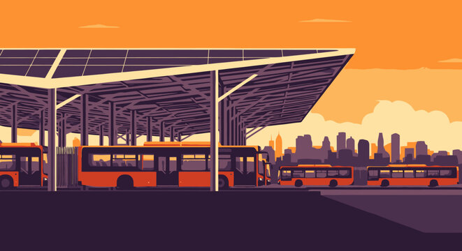 Modern Bus Terminal with Multiple Buses Parked Under a Large Canopy.