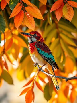 Colorful Tropical Bird Perched Among Autumn Leaves
