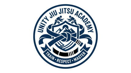 Fototapeta premium Jiu jitsu academy emblem with grappling figures and martial arts belt