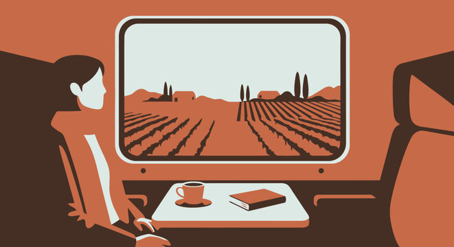 Woman traveling by train looking out window.