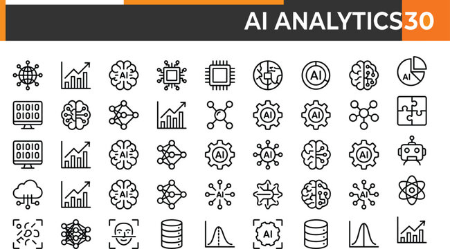 AI analytics icons vector illustration with neural networks, data charts, cloud computing, robot heads, and technology design
