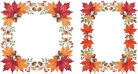 Fototapeta premium Autumn frames vector illustration with fall leaves, acorns, berries, seasonal borders, and Thanksgiving design