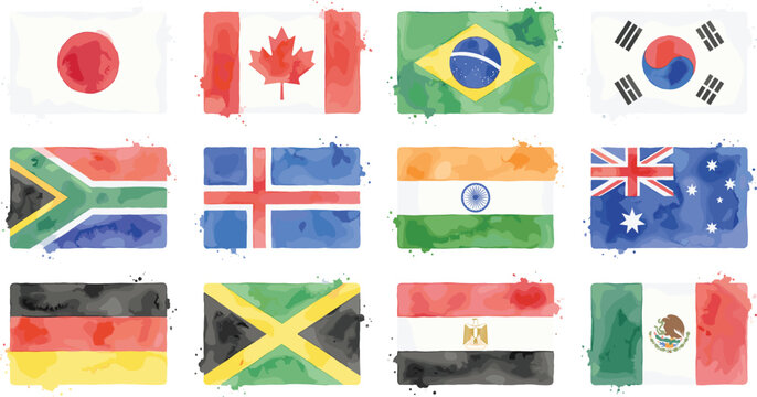 World flags watercolor style icon set including Japan Canada Brazil South Korea and international nations
