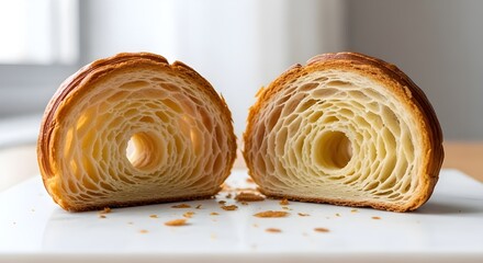 Fototapeta premium Freshly Baked Flaky Croissant Cut in Half Displaying Interior Honeycomb Texture Layers