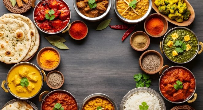 Assorted Traditional Indian Cuisine Dishes Arranged on a Rustic Dark Wooden Table Background