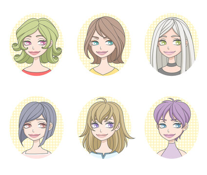 Set of six stylish female avatar portraits with different hairstyles and pastel backgrounds