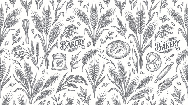 Bakery Pattern: Wheat, Bread, Pretzel, Rolling Pin, Whisk, Flour Sack - Hand-Drawn Sketch