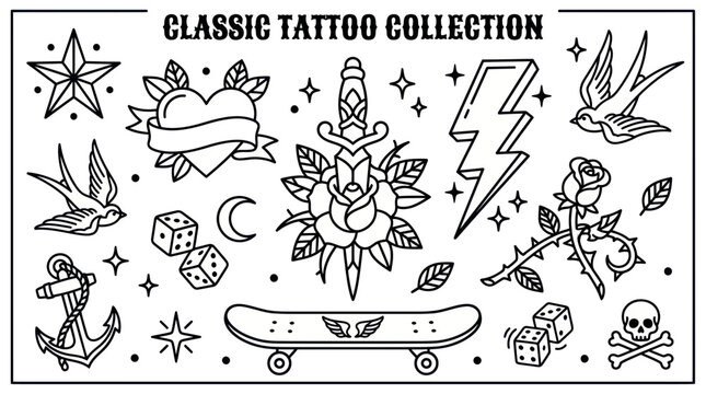 Classic Tattoo Flash Sheet: Dagger, Rose, Swallow, Anchor, Skateboard, Dice