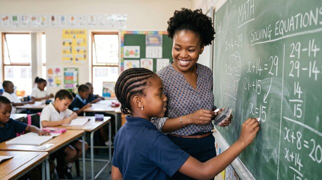 Black female teacher smiling while helping a young student solve math equations on a chalkboard in a classroom
