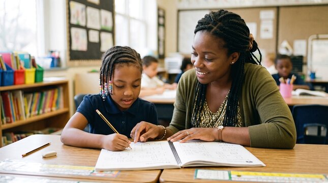 Black female teacher patiently guides young student with math homework in a bright classroom setting