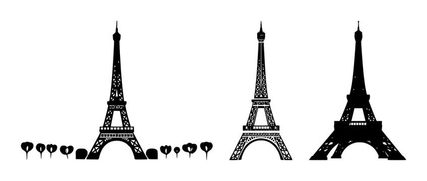Eiffel Tower icon set with solid black symbol on white background featuring landmark, Paris, iconic silhouette with architecture and tourism