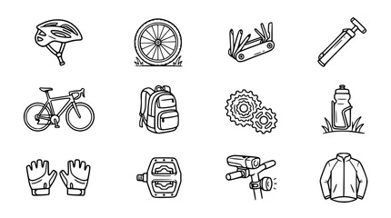 Cycling Gear Icons: Bicycle, Helmet, Tools, Pump, Backpack, Water Bottle & More © capi