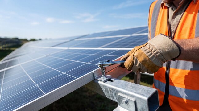 Worker installing solar panels on metal frame, renewable energy construction site, green power generation system maintenance and sustainable engineering work.