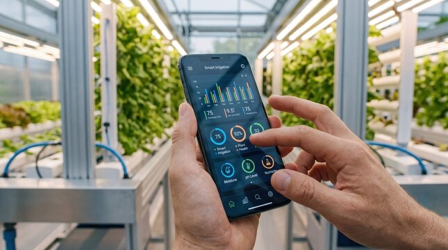 Smartphone monitoring hydroponic farm plant growth, IoT technology in modern agriculture, sustainable vertical farming concept, smart irrigation system app interface, green tech