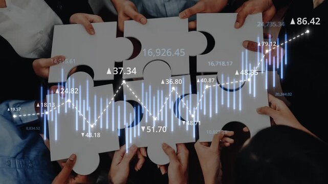 Hands hold puzzle pieces symbolizing teamwork and collaboration, enhanced with financial data charts, illustrating business strategy and growth potential in a digital environment. Raster