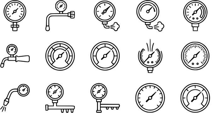 Industrial Engineering Pressure Gauges Line Art Icon Set. Outline Vector Symbols for Technical Measurement, Control Systems, and Manometers.