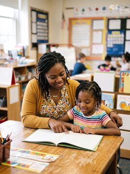 Black woman teacher guiding a young student reading a book in a bright classroom setting