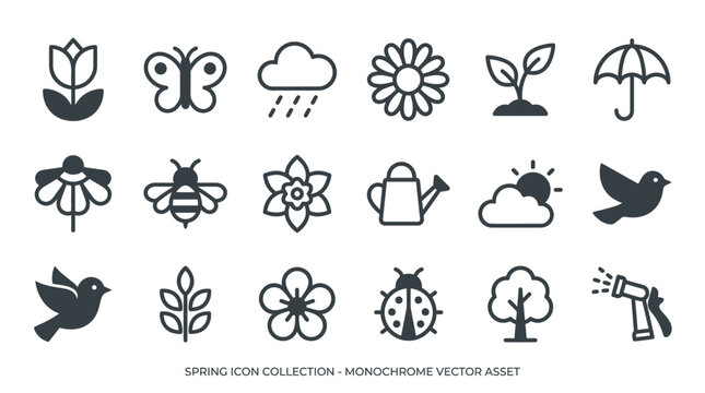 Black icons of spring flowers plants.