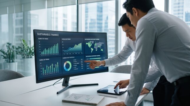 Two businessmen discussing sustainable finance and ESG trends on large monitor screen in corporate office, investment strategy meeting, pointing at global map and economic growth