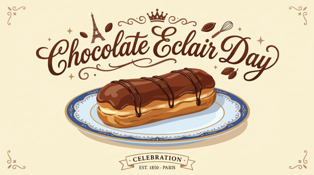 A delicious chocolate eclair on a plate for Chocolate Eclair Day celebration