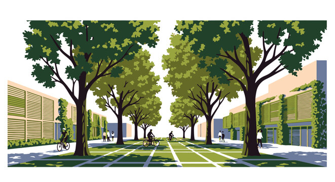 Lush green trees lining a pedestrian walkway with cyclists.