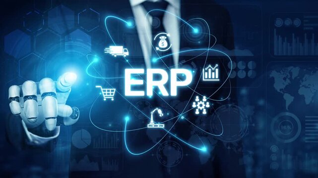 ERP platform visual showing centralized system for enterprise resource planning, improving integration, data flow, business efficiency, finance, inventory, and human resources. Muxer