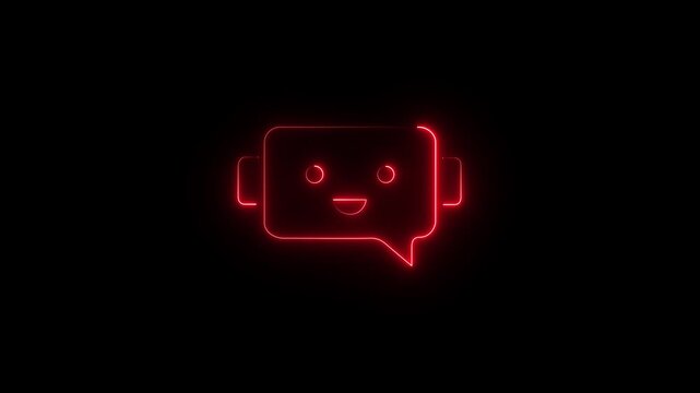 Glowing cyan Neon robot Silhouette with Speech Bubble on Black Background. neon Chatbot icon symbol concept. Voice support service bot. AI Agents and AI driven messaging systems..