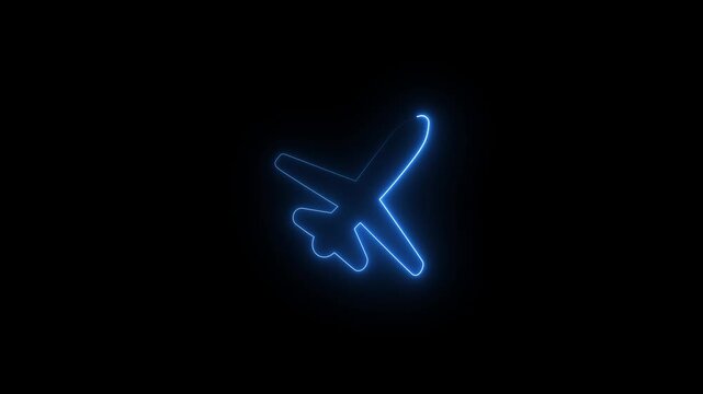 Flying airplane icon animation on Animation with a neon light effect of an icon, an airplane with a pin , air plane flight point, Airplane Running on Dash Track with black Background.4k..