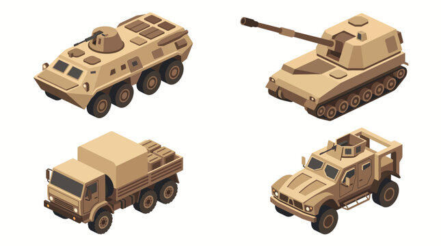Desert Military Vehicles Set, Isometric Armored Personnel Carrier APC, Self Propelled Howitzer Tank, Army Cargo Truck, and Tactical Infantry Jeep Vector