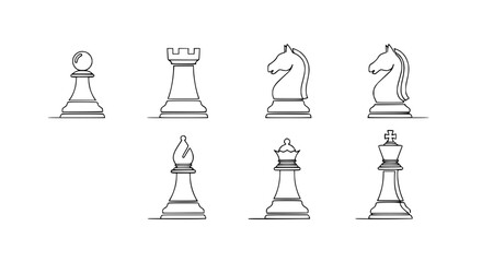 Chess Pieces Collection: Pawn, Rook, Knight, Bishop, Queen, King - Single Line Drawing © Fafa