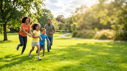 Fototapeta premium Happy African American family running together in a sunny park lawn