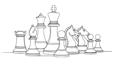 Chess Pieces Outline Drawing: King, Queen, Rook, Bishop, Knight, Pawn - Strategy Game © Fafa