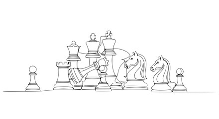 Continuous Line Drawing of Chess Pieces, Strategy and Game Concept © Fafa
