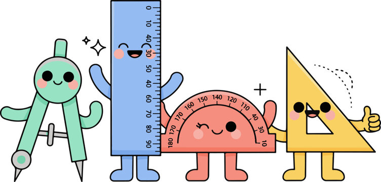 Friendly school supplies characters including a ruler compass protractor and triangle for learning math and geometry