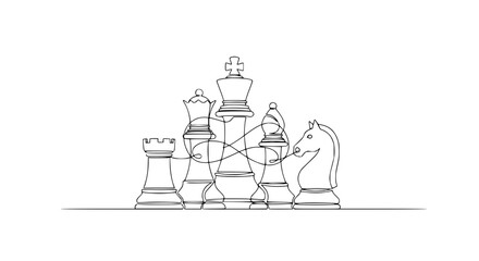 Chess Pieces Line Art: Strategy, Game, Competition, Decision Making, King, Queen, Rook, Knight © Fafa