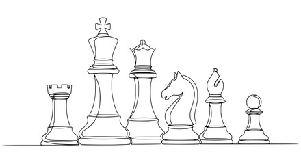 Continuous Line Drawing of Chess Pieces: King, Queen, Rook, Knight, Bishop, Pawn © Fafa