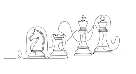 Continuous line drawing of chess pieces: knight, rook, king, and queen on white background © Fafa