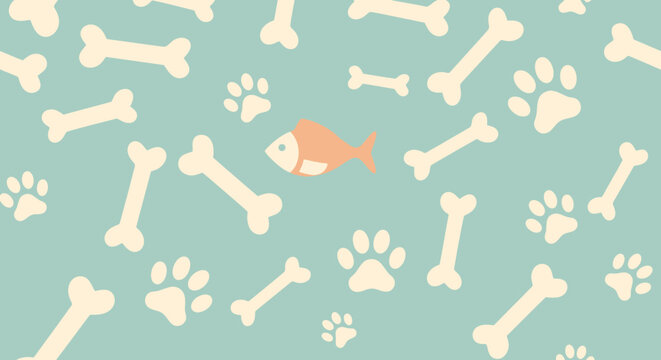 A single orange fish icon floating among many white dog bones and paw prints.