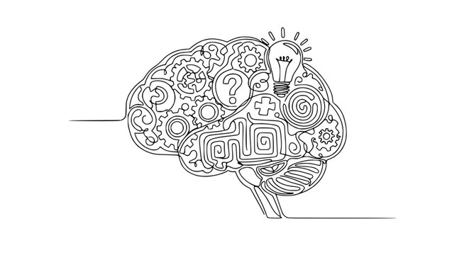 Continuous line drawing of a brain filled with ideas, gears, and symbols, symbolizing creativity and innovation