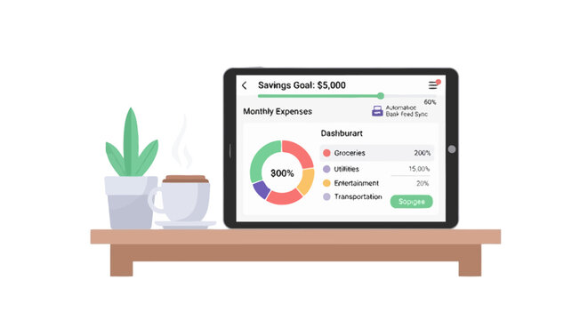 A tablet displaying a personal finance and monthly expense tracking application on a desk.