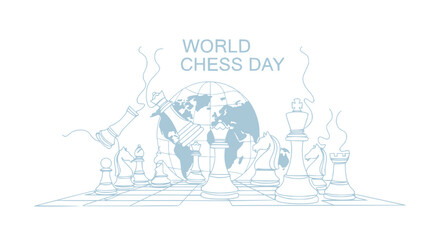 World Chess Day Celebration with Chess Pieces and Globe Illustration © Fafa