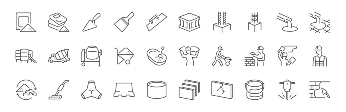 Concrete icon set. It includes a cement, mortar, building material, construction,&nbsp;and more icons. Editable Vector Stroke. 